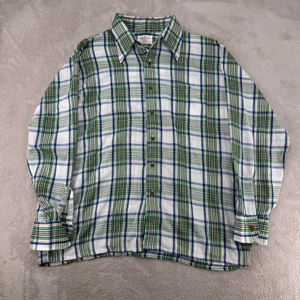Vintage Arrow Casual Wear Mens XL Green Blue Plaid Button Up Shirt Preowned